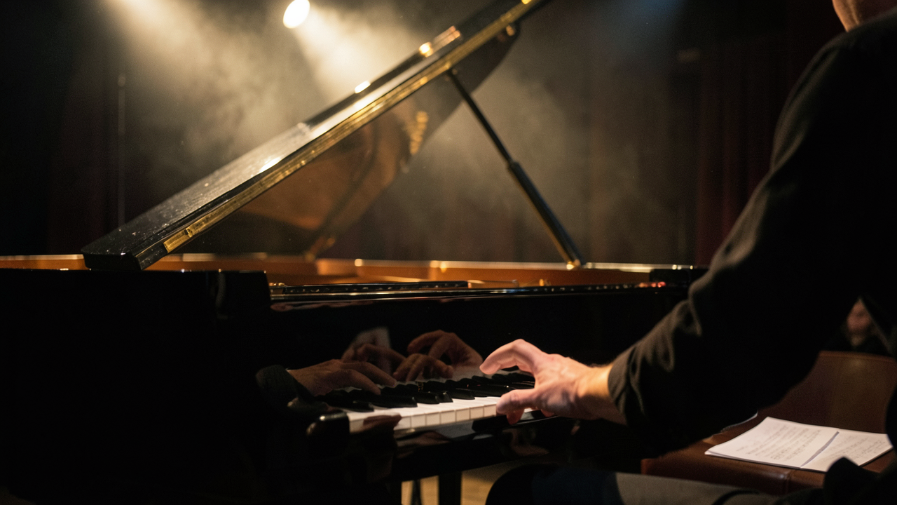 Piano à queue moderne éclairé dans une salle de concert sombre, mains d’un musicien en mouvement, faisceaux de lumière dans la poussière et partitions au premier plan.